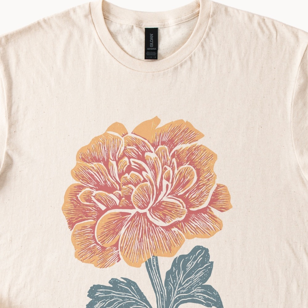 Bold Botanical Flower Graphic Tee Woodcut Art Style